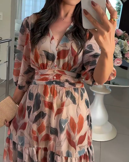 Plants Print V-Neck Half Sleeve Shirred Back Maxi Dress Casual Button Decor Ruched Ruffle Hem Vacation Dress