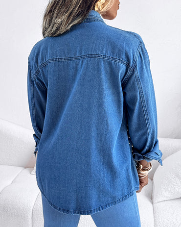 Pearls & Rhinestone Decor Turn-down Collar Button Front Denim Shirt Coat Casual Top