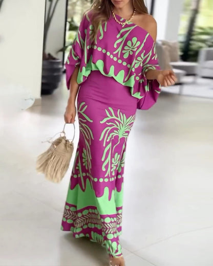 2 Pieces Outfit Tropical Print Lantern Sleeve Cold Shoulder Loose Top And Casual High Waist Fishtail Maxi Skirt Set