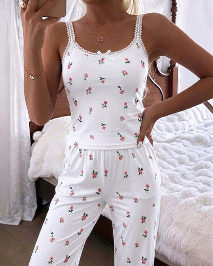 Women's Ditsy Floral Print 2 Piece Pajamas Set Lace Cami Top and Pants Casual Loungewear Bowknot Sleepwear