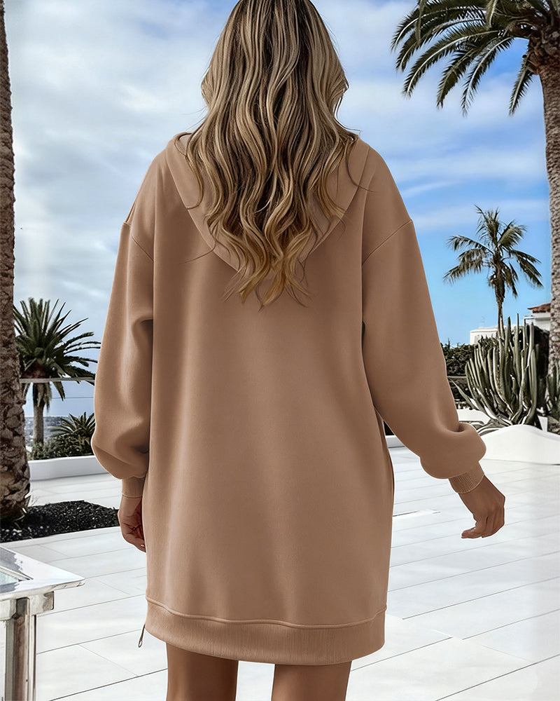 Long Sleeve Pocket Design Pullover Sweatshirt Casual Faux Two Piece Longline Drawstring Hooded Top