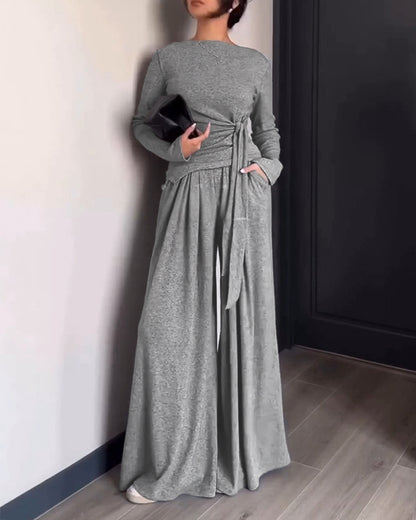 Women's 2 Piece Knit Lounge Set Long Sleeve Tie Waist Top and High Waisted Wide Leg Pants Casual Soft Sweatsuit with Pockets