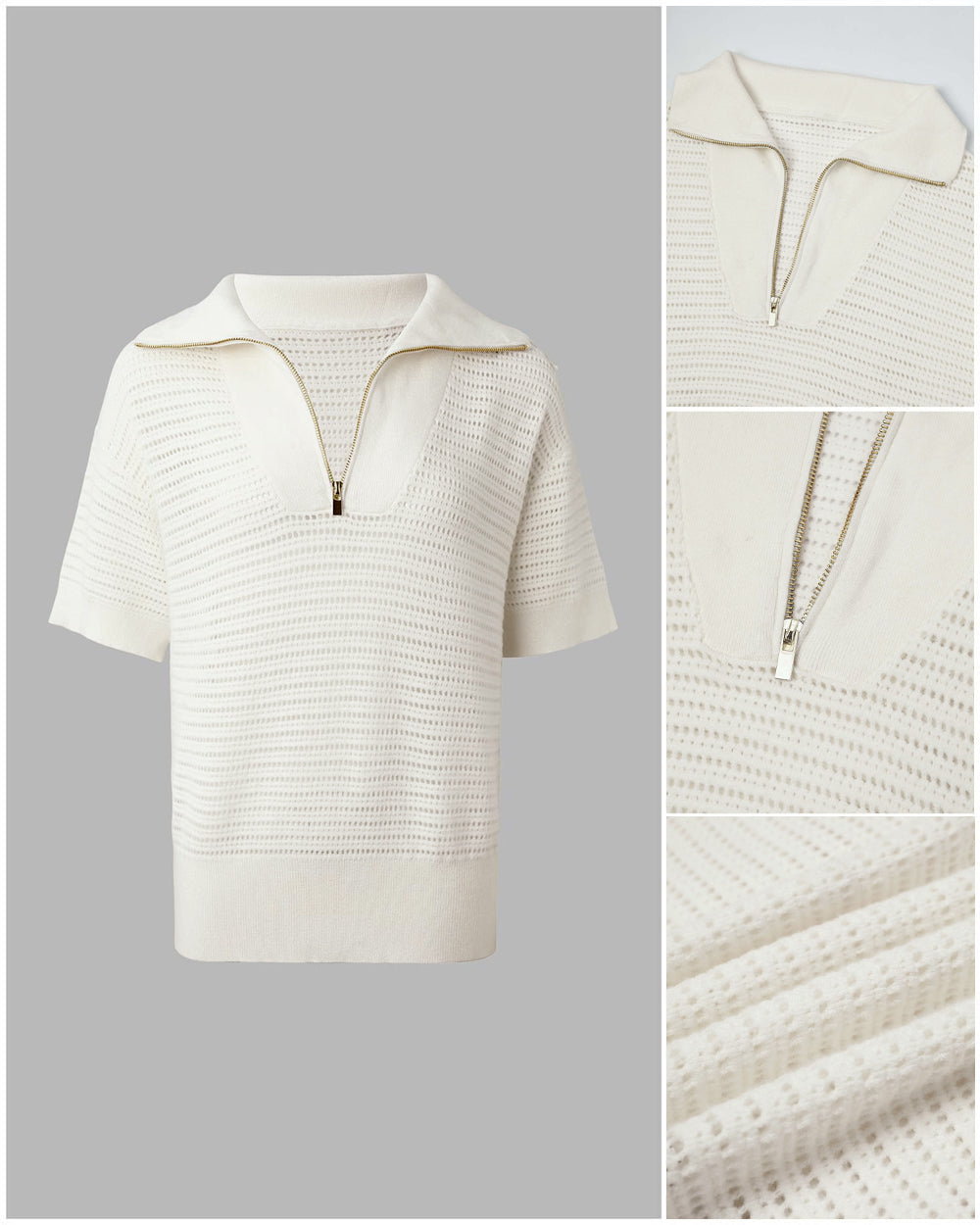 Women's Half Zip Polo Knit Top Short Sleeve Hollow-out Sweater