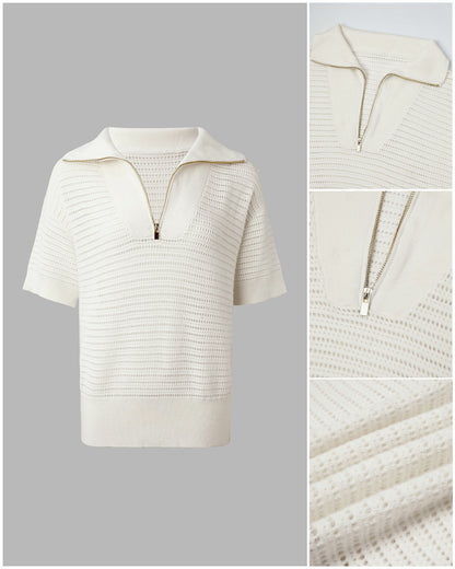 Women's Half Zip Polo Knit Top Short Sleeve Hollow-out Sweater