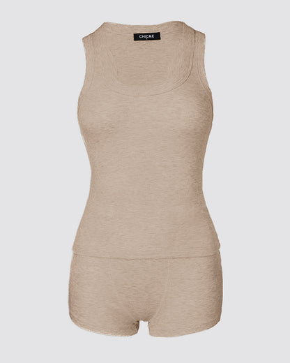 2PCS Micro-Ribbed U-Neck Tank Top & Boxer Set Cozy Loungewear