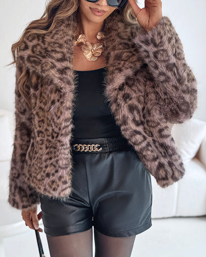 Turn-down Collar Long Sleeve Faux Fur Coat Jacket Casual Warm Fluffy Cropped Coat