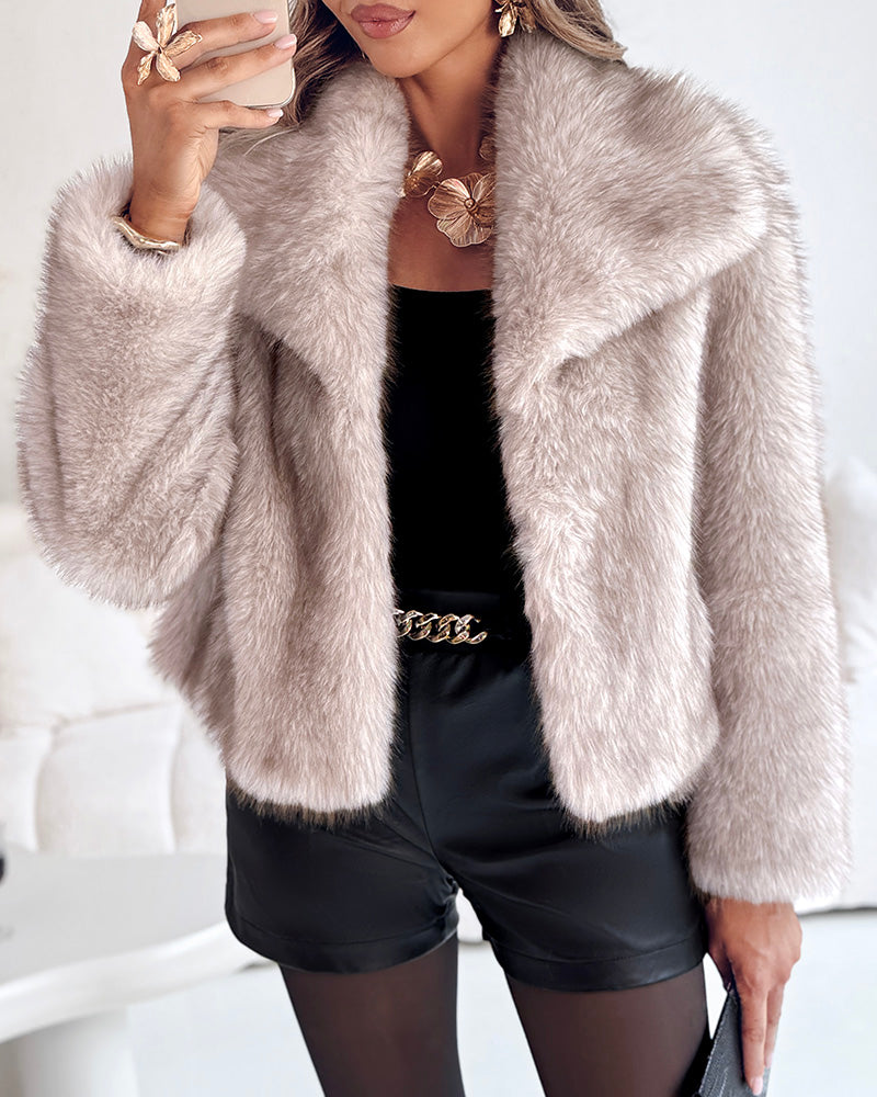 Turn down Collar Long Sleeve Faux Fur Coat Jacket Casual Warm Fluffy Cropped Coat
