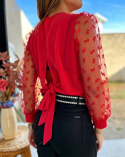 Women's Mesh Flocked Bowknot Sleeve Blouse Overlap V Neck Tied Hollow Out Ruched Top