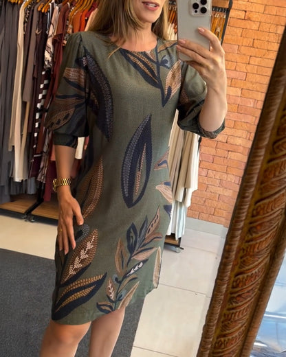 Plants Print Round Neck Half Sleeve Midi Dress