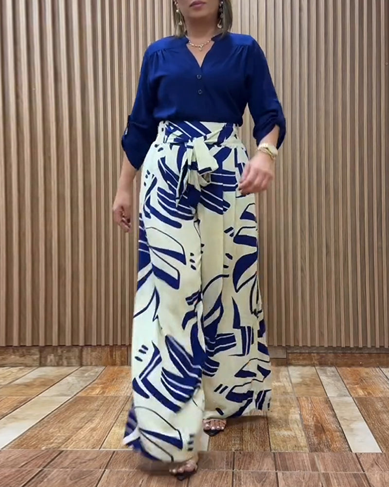 2 Piece Outfit Stand Collar Long Sleeve Blouse and Casual Floral Print Wide Leg Pants Set with Pockets