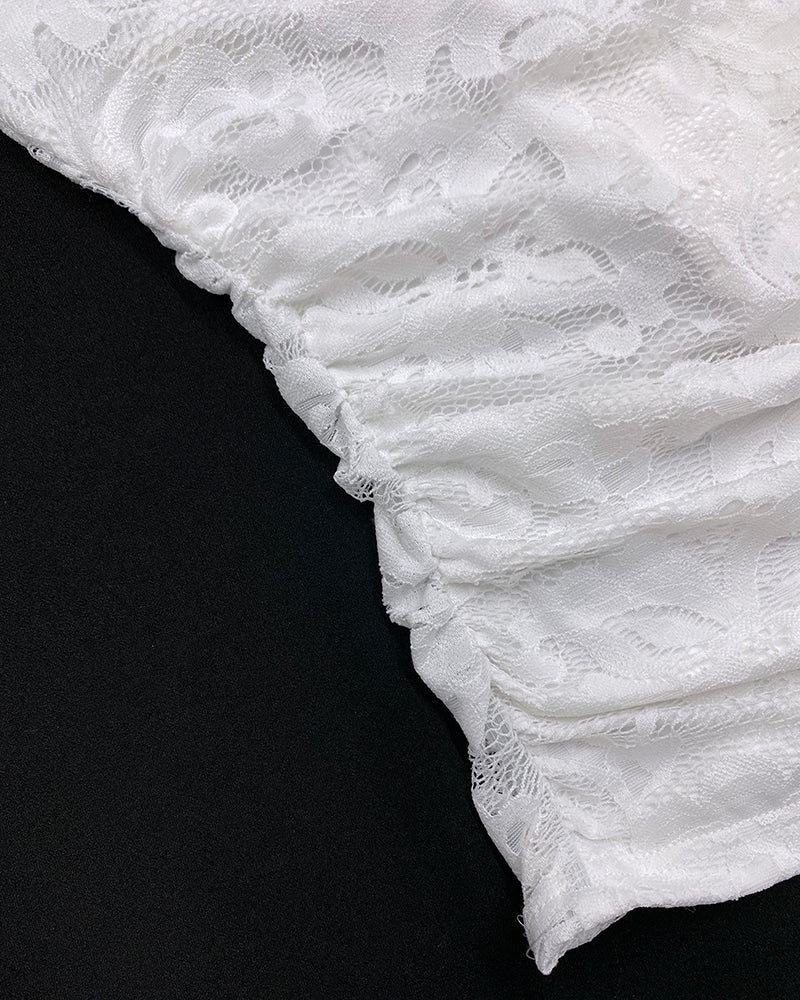 Contrast Lace Deep V-Neck Lantern Sleeve Lace Overlay Ruched Blouse Long Sleeve Slim Fit Top