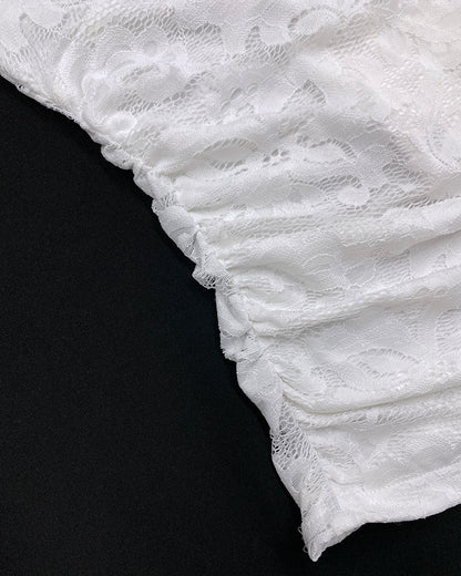 Contrast Lace Deep V-Neck Lantern Sleeve Lace Overlay Ruched Blouse Long Sleeve Slim Fit Top