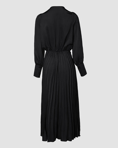 Elegant Women's Puff Long Sleeve V-neck Pleated Maxi Dress Dinner Dress (Without Belt)