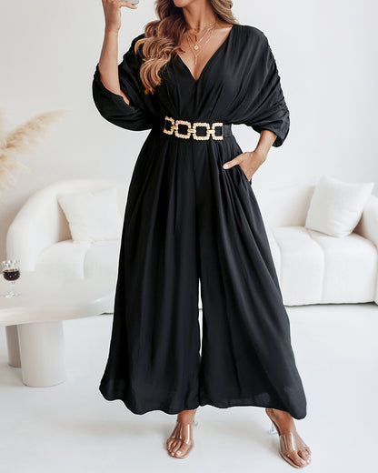 Deep V-Neck Ruched Three Quarters Sleeve Backless Overalls Casual Waist-Gathered Tied Detail Jumpsuit without Belt