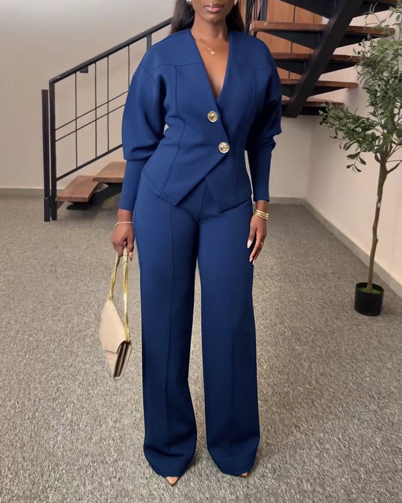 Women's 2 Piece Set V-Neck Cinched Waist Gigot Sleeve Top and High Waist Wide Leg Pants Elegant Set