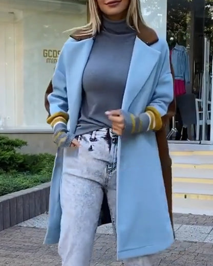 Color Block Long Trench Coat Single Breasted Detachable Fuzzy Leopard Pattern Lapel Overcoat