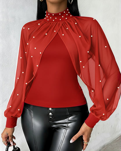 Pearls Decor High Neck Chiffon Draped Cape-style Cloak Sleeve Spliced Tee Ruched Hollow-out Back Slim Fit Top