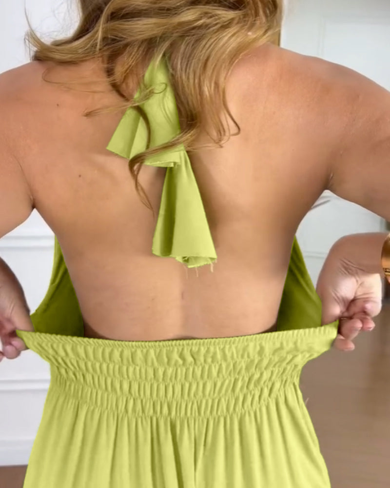 Halter Sleeveless Backless Maxi Dress Casual Shirred Back Side Slit Vacation Dress