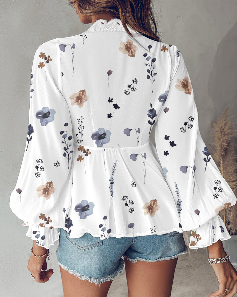 Floral Print Deep V-Neck Lantern Sleeve Casual Contrast Lace Tied Detail Blouse