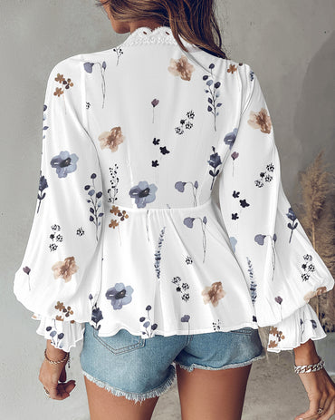 Floral Print Deep V-Neck Lantern Sleeve Casual Contrast Lace Tied Detail Blouse