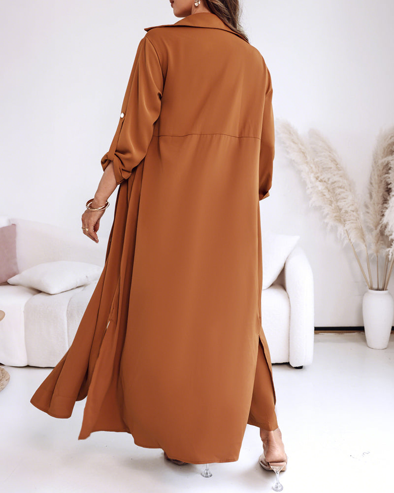 2 Pieces Outfit Turn-down Collar Turn-Up Sleeves Button Front Asymmetrical Hem Longline Blouse and Casual Elastic Waist Wide Leg Pants Set