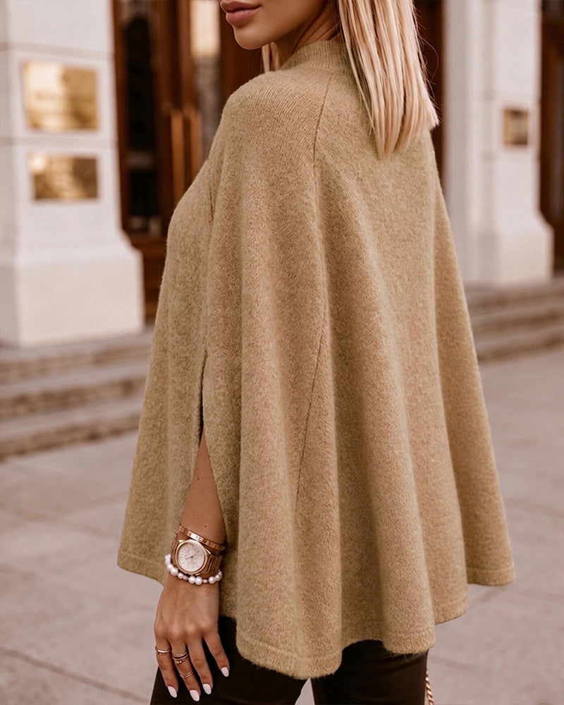 Suéter de punto holgado para mujer con cuello alto simulado, estilo «old money», capa, abertura lateral y mangas murciélago, cálido y acogedor para invierno
