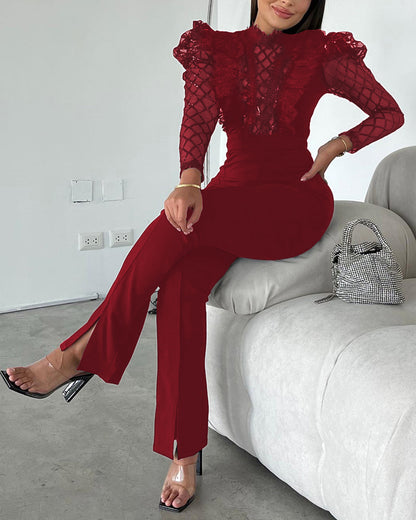 Elegant Mesh See Through Long Sleeve Jumpsuits Contrast Lace Sequin Patch Casual Overalls