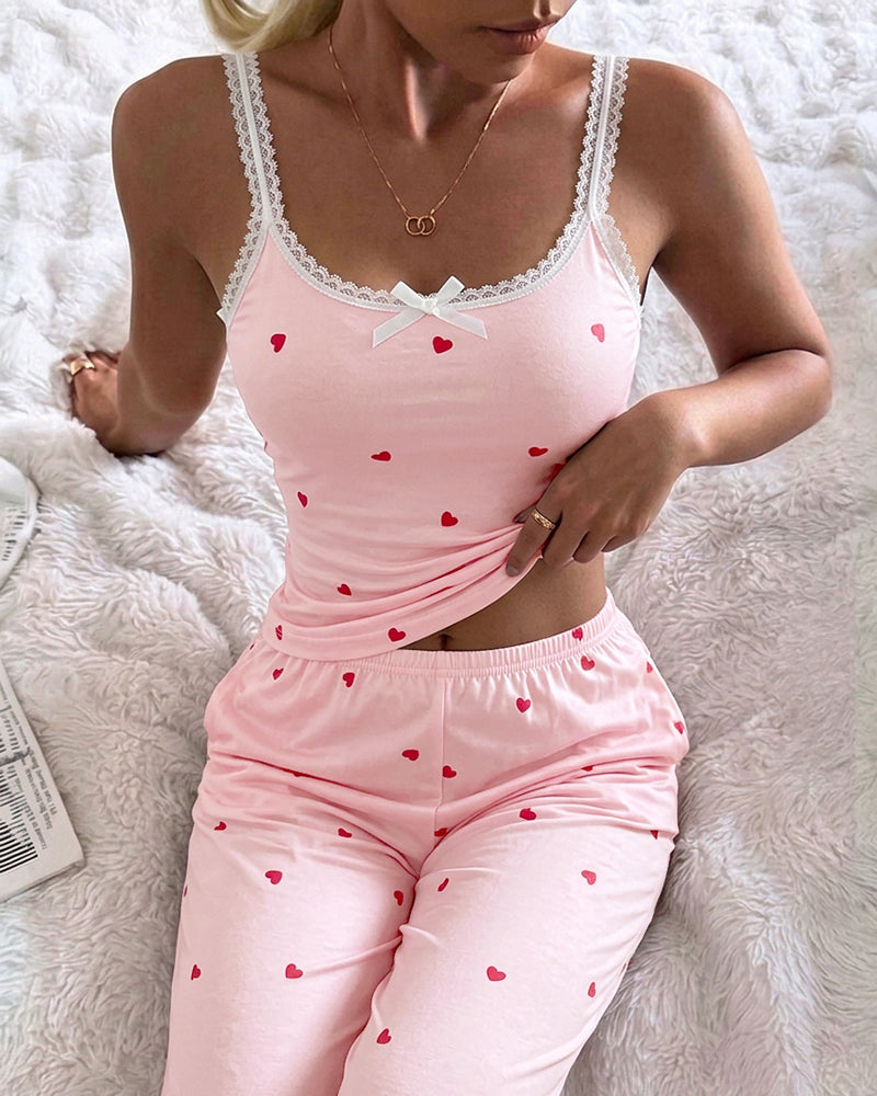 Women's 2 Piece Heart Print Pajama Set Lace Trim U-Neck Cami Top and Pants Sweet Lounge Set with Pockets