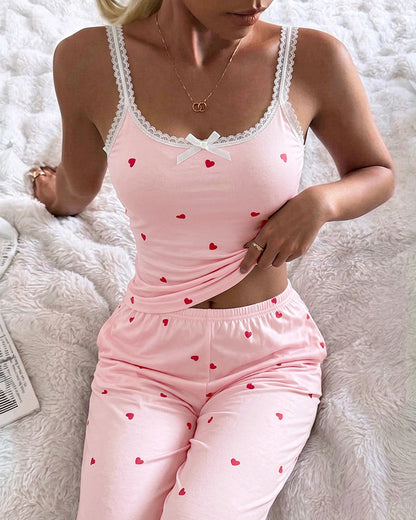 Women's 2 Piece Heart Print Pajama Set Lace Trim U-Neck Cami Top and Pants Sweet Lounge Set with Pockets