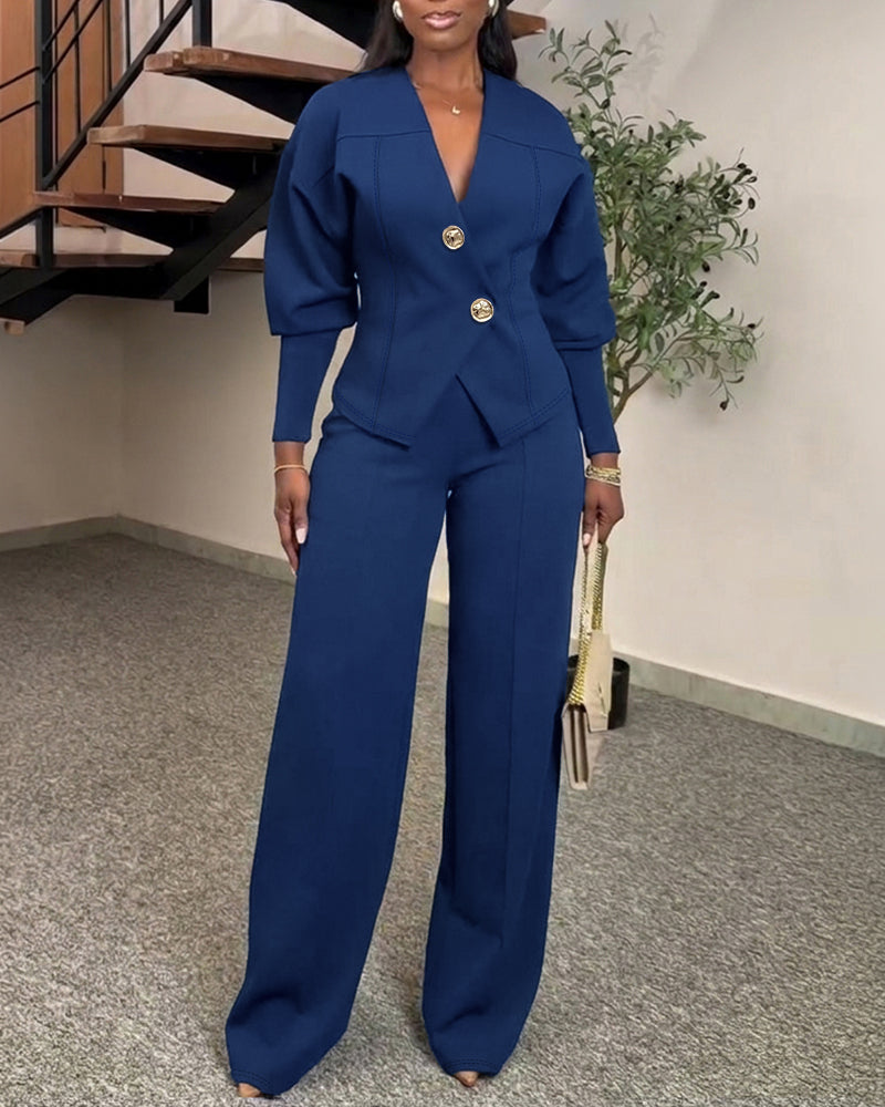Women's 2 Piece Set V-Neck Cinched Waist Gigot Sleeve Top and High Waist Wide Leg Pants Elegant Set