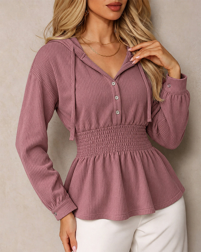 Women's Waffle Knit Drawstring Hooded Button Front Shirred Waist Peplum Top