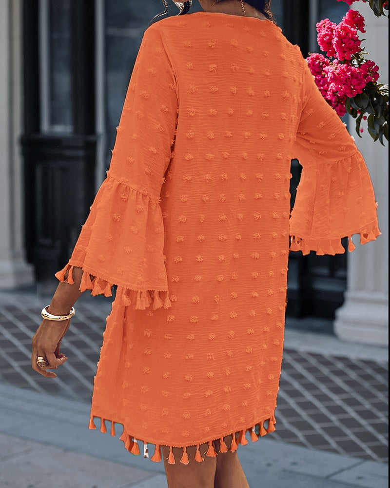 Large Swiss Dot  V-Neck Bell Sleeve Mini Dress Casual Loose Fit Dress