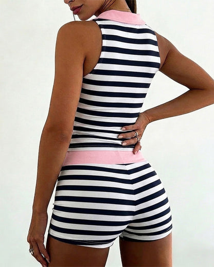 Women's 2 Piece Striped Slim Fit Outfit Sleeveless Polo Top and High Waisted Shorts Set