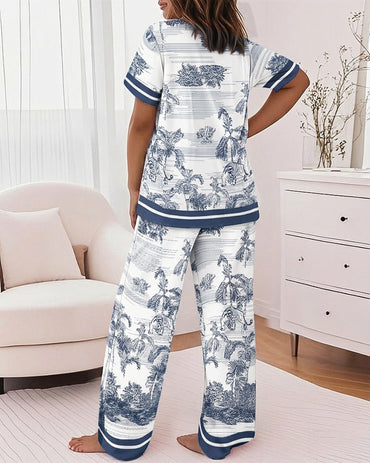 2 Pieces Outfit Short Sleeve Top and Elastic Waist Pants Set Casual Ink Plants & Animal Placement Print Contrast Paneled Pajamas Set