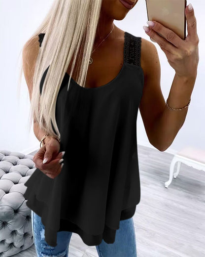 U-Neck Thick Strap Tank Contrast Lace Tied Detail Top