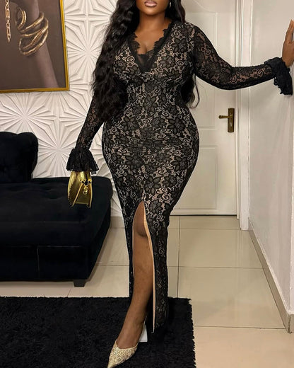 Elegant Lace Plunge V Neckline Long Sleeve Dress Casual Slim Fit Slit Evening Maxi Dress