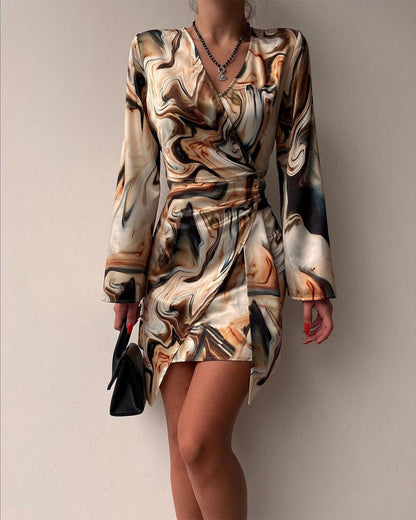 Marble Print Overlap V-Neck Wrap Front Ruched Vacation Dress Casual Cinched Waist Zipper Back Mini Dress