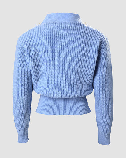 Pearls Decor V-Neck Double Breasted Knit Cardigan Casual Frill Trim Decor Sweater