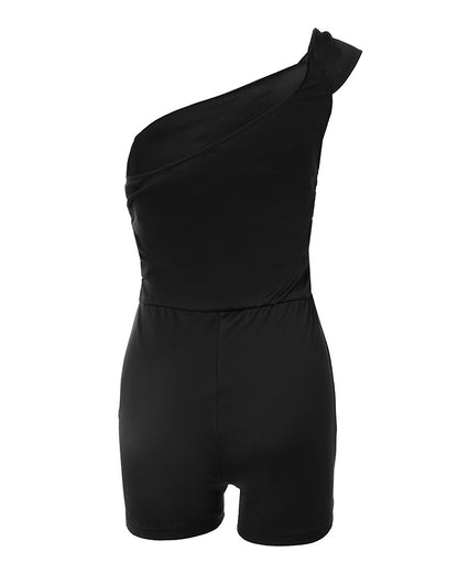 Women's Foldover One Shoulder Romper Slim Fit Ruched Sleeveless High Waist Romper