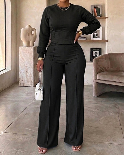 2 Pieces Outfit O-neck Long Sleeve Cinched Waist Sweatshirt and Elastic Waist Wide Leg Pants Set Casual Seam Design Sweatpants Set