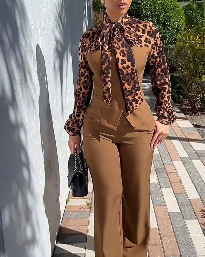 2 Pieces Outfit Leopard Print Spliced Tie Neck Long Sleeve Double Breasted Front Flap Detail Top and Zipper Fly Wide Leg Pants Set Casual Commuting Set
