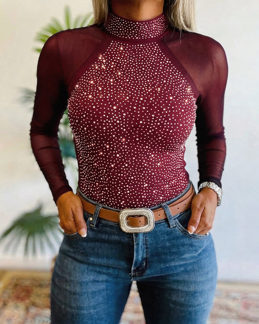 Damen-T-Shirt mit Strass-Mesh, langärmelig, Mock-Neck, Sparkle, Slim-Fit