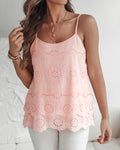 U-Neck Adjustable Spaghetti Straps Eyelet Embroidery Cami Top Double Layer Scallop Hem Casual Tank