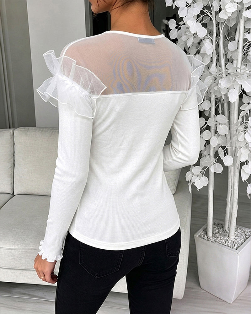 Women's Ruffle Sheer Mesh Spliced Long Sleeve Ribbed Knit Top