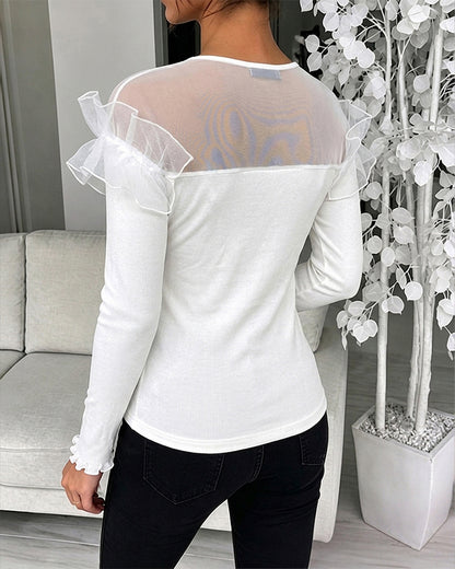Women's Ruffle Sheer Mesh Spliced Long Sleeve Ribbed Knit Top