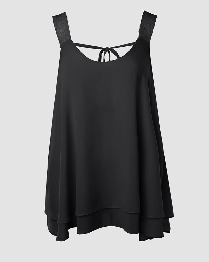 U-Neck Thick Strap Tank Contrast Lace Tied Detail Top
