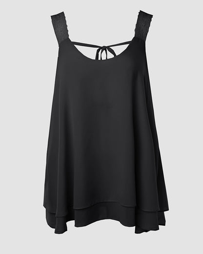 U-Neck Thick Strap Tank Contrast Lace Tied Detail Top