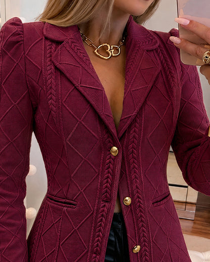 Blazer elegante de mujer con textura de cuadros de rombos, corte entallado, mangas abullonadas y botones dorados, chaqueta de traje para oficina con bolsillos