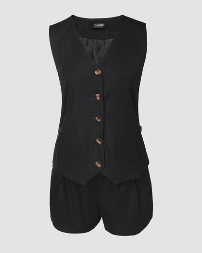 2 Pieces Outfit V-Neck Sleeveless Button Front Vest and Zipper Fly Colorblock Elastic Back Waist Shorts Set Casual Blazer Set