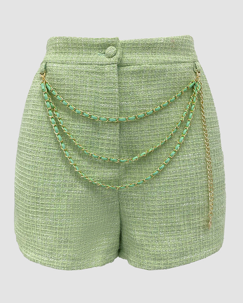 2 Pieces Outfit Tweed Shoulder 3D Flower Decor Sleeveless Vest and Casual Shorts Set